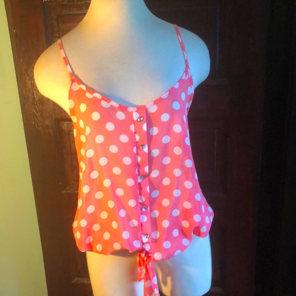 B Jewel spaghetti strap pink&white polka dot sheer top/medium faux button front - Picture 1 of 12